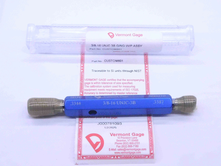 NEW 3/8 16 UNJC 3B VERMONT THREAD PLUG GAGE .375 GO NO GO P.D.'S = .3344 & .3387 - DW33051VTG