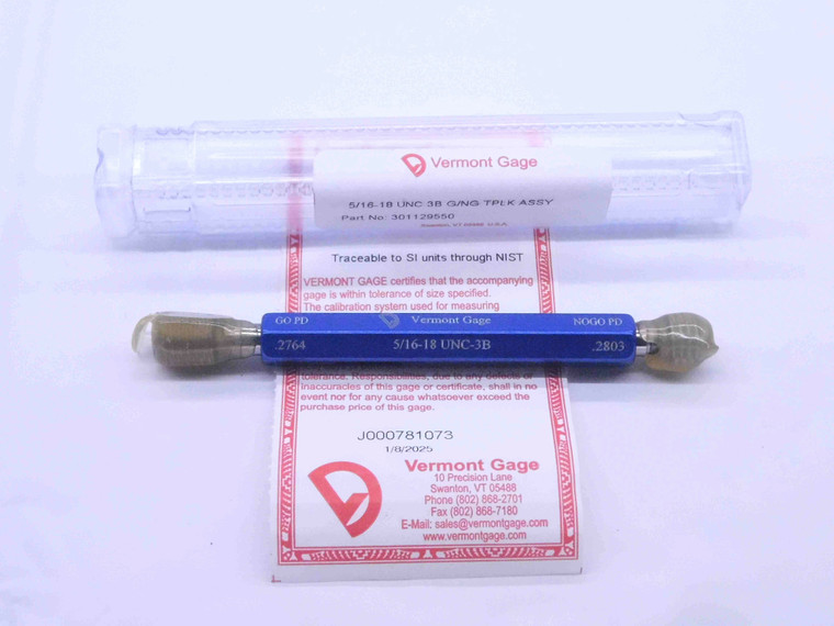 NEW 5/16 18 UNC 3B VERMONT THREAD PLUG GAGE .3125 GO NO GO PD'S = .2764 & .2803 - DW33052VTG