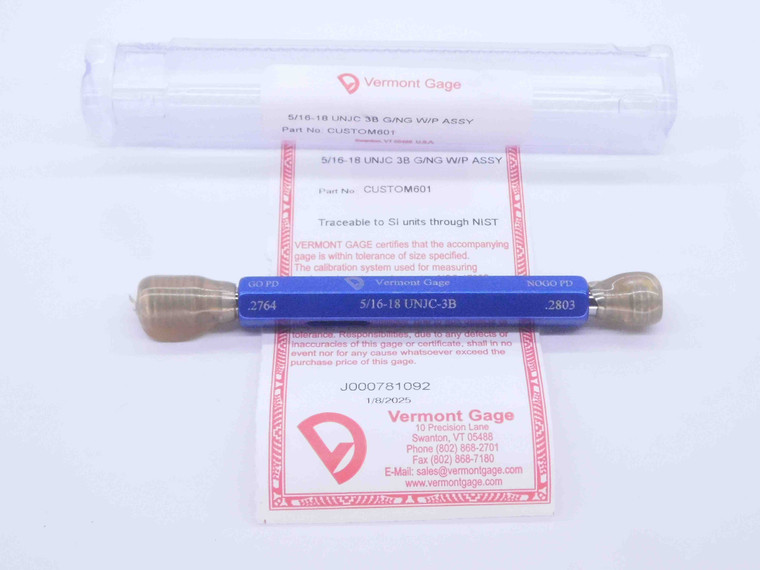 NEW 5/16 18 UNJC 3B VERMONT THREAD PLUG GAGE .3125 GO NO GO PD'S = .2764 & .2803 - DW33053VTG