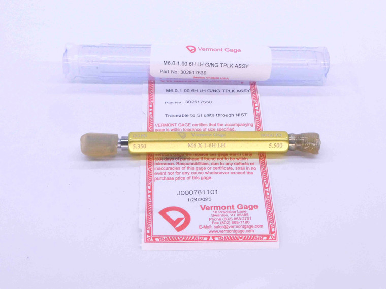 NEW M6 X 1 6H LEFT HAND VERMONT THREAD PLUG GAGE 6 1.0 GO NO GO = 5.350 5.500 LH - DW33054VTG