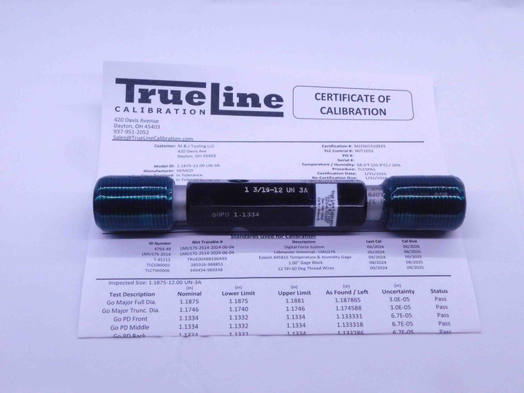 CERTIFIED 1 3/16 12 UN 3A SET THREAD PLUG GAGE 1.1875 GO NO GO = 1.1334 1.1291 - DW33062TLC