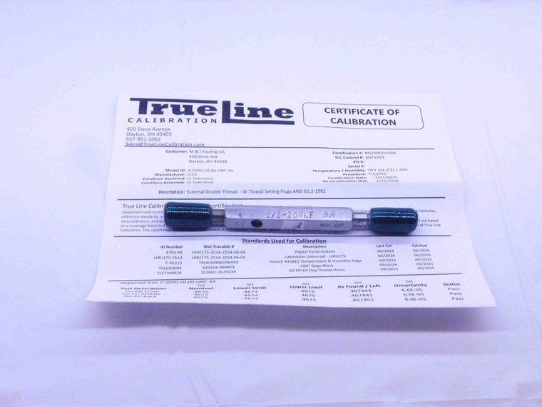 CERTIFIED 1/2 20 UNF 3A SET THREAD PLUG GAGE .5 GO NO GO P.D.'S = .4675 & .4643 - DW33063TLC