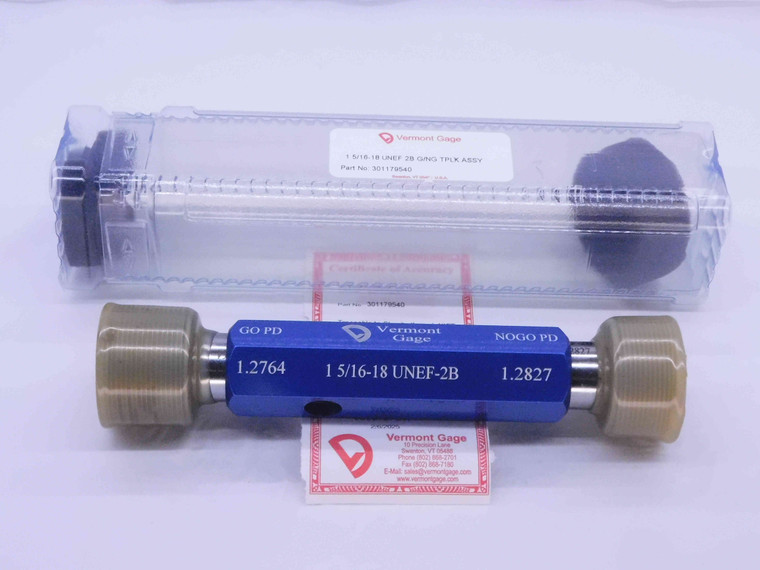 NEW 1 5/16 18 UNEF 2B VERMONT THREAD PLUG GAGE 1.3125 GO NO GO = 1.2764 & 1.2827 - DW33093VTG