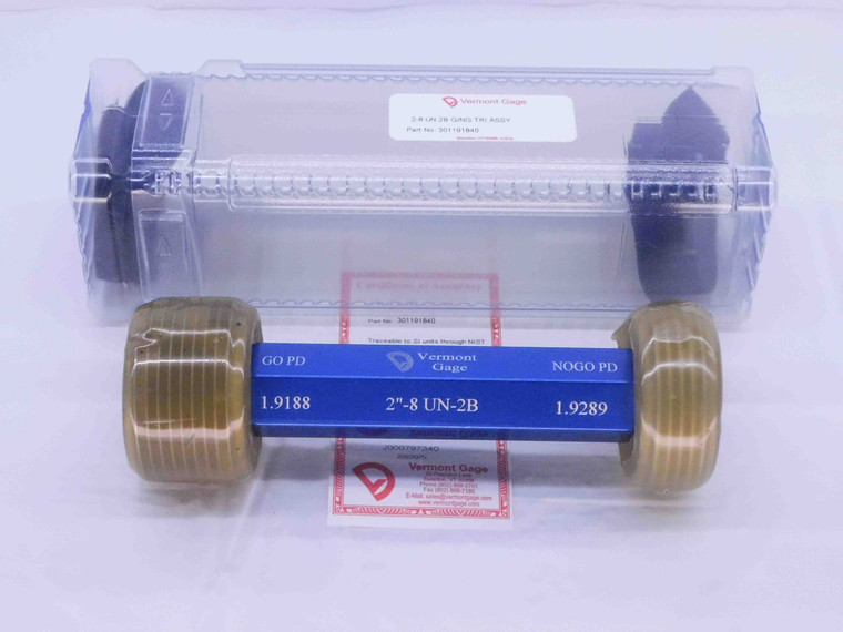 NEW 2" 8 UN 2B VERMONT THREAD PLUG GAGE 2.0 GO NO GO P.D.'S = 1.9188 & 1.9289 - DW33095VTG