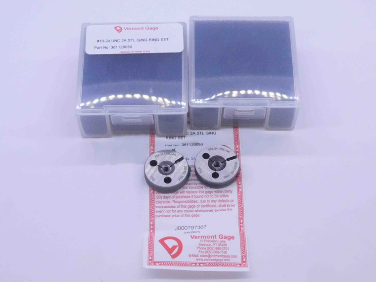 NEW 10 24 UNC 2A VERMONT THREAD RING GAGES #10 .190 GO NO GO PDS= .1619 & .1586 - DW33096VTG
