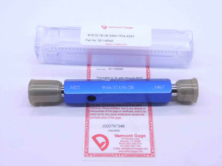 NEW 9/16 32 UN 2B VERMONT THREAD PLUG GAGE .5625 GO NO GO P.D.'S = .5422 & .5467 - DW33114VTG