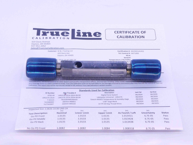 CERTIFIED 1 1/16 14 UNS 2A SPL SET THREAD PLUG GAGE 1.0625 GO NOGO 1.0135 1.0082 - DW33282TLC