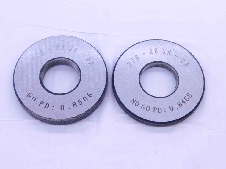 NEW 7/8 28 UN 2A SOLID THREAD RING GAGES .875 GO NO GO P.D.'S = .8506 & .8468 - DW33335MJ