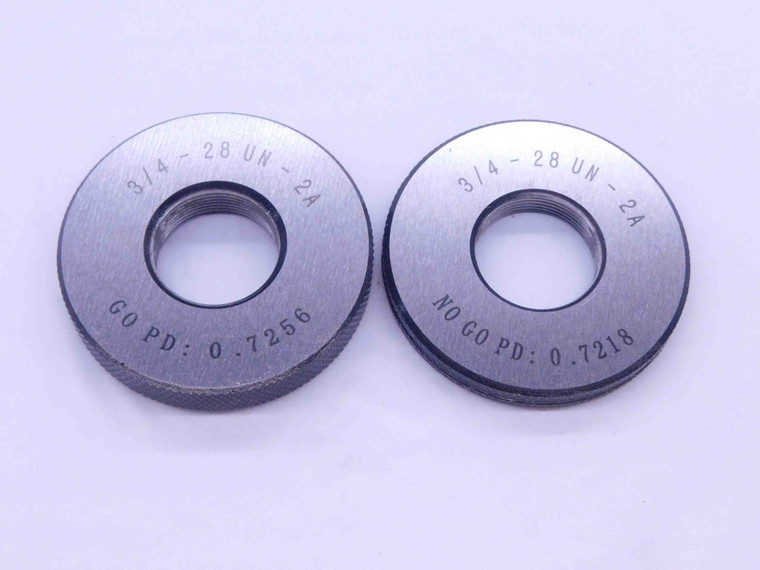 NEW 3/4 28 UN 2A SOLID THREAD RING GAGES .75 GO NO GO P.D.'S = .7256 & .7218 - DW38423MJ