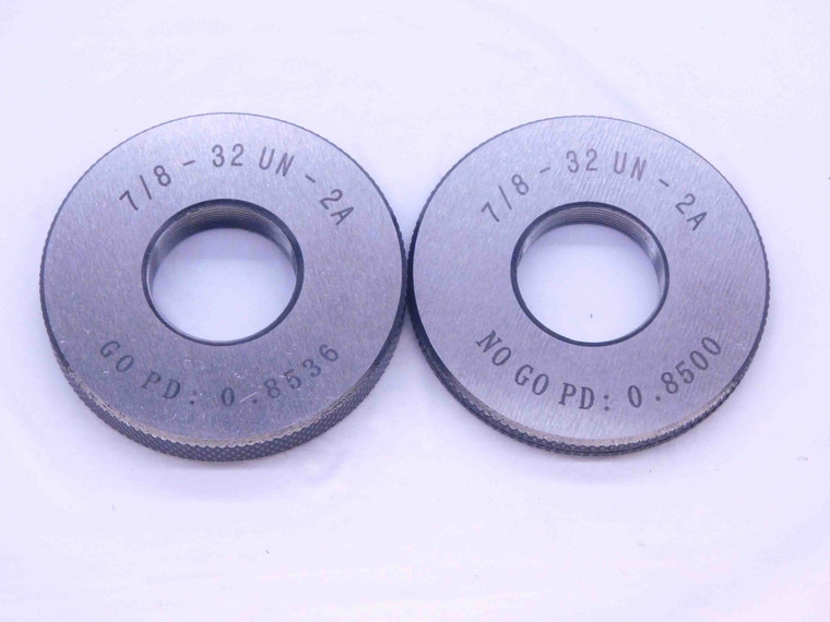NEW 7/8 32 UN 2A SOLID THREAD RING GAGES .875 GO NO GO P.D.'S = .8536 & .8500 - DW33409MJ