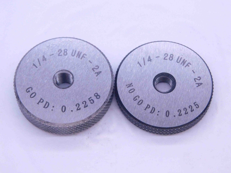 NEW 1/4 28 UNF 2A SOLID THREAD RING GAGES .25 GO NO GO P.D.'S = .2258 & .2225 - DW33418MJ