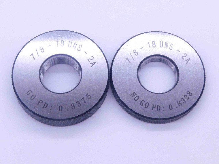 NEW 7/8 18 UNS 2A SOLID THREAD RING GAGES .875 GO NO GO P.D.'S = .8375 & .8328 - DW33483MJ