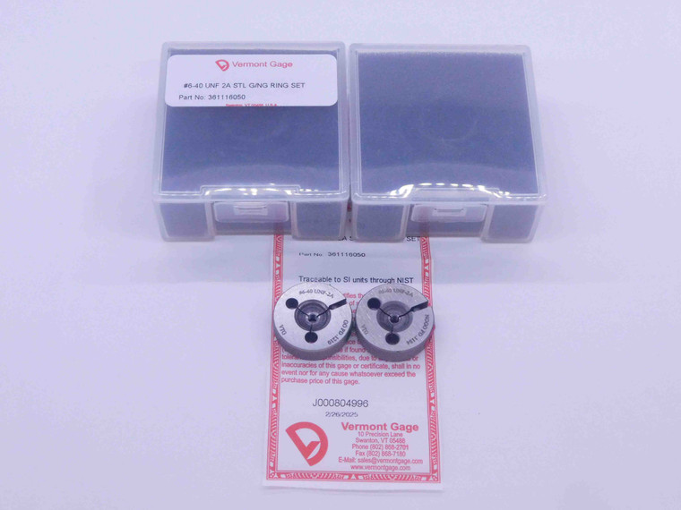 NEW 6 40 UNF 2A VERMONT THREAD RING GAGES #6 .138 GO NO GO PD'S = .1210 & .1184 - DW33507VTG