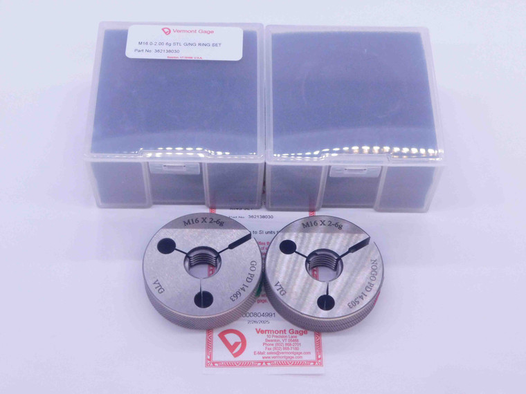 NEW M16 X 2 6g VERMONT THREAD RING GAGES 16 2.0 GO NO GO PD'S = 14.663 & 14.503 - DW33512VTG