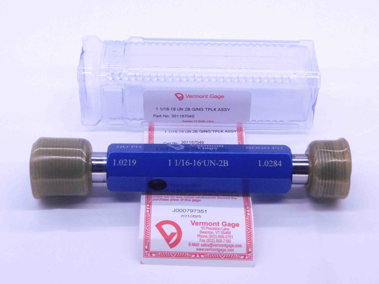 NEW 1 1/16 16 UN 2B VERMONT THREAD PLUG GAGE 1.0625 GO NO GO = 1.0219 & 1.0284 - DW33530VTG