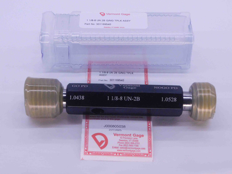 NEW 1 1/8 8 UN 2B VERMONT THREAD PLUG GAGE 1.125 GO NO GO PD'S = 1.0438 & 1.0528 - DW33537VTG