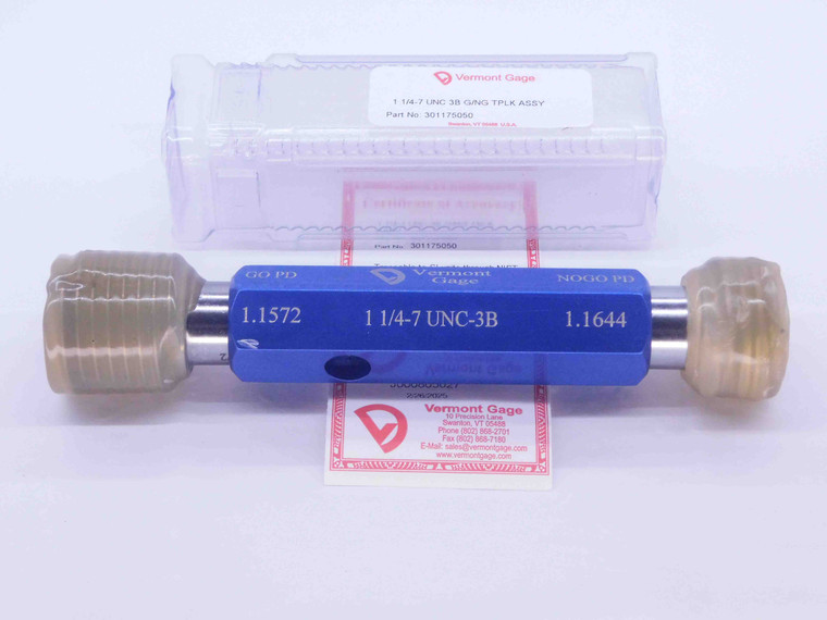 NEW 1 1/4 7 UNC 3B VERMONT THREAD PLUG GAGE 1.25 GO NO GO PD'S = 1.1572 & 1.1644 - DW33552VTG