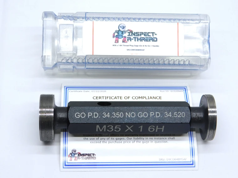 NEW M35 X 1 6H METRIC THREAD PLUG GAGE 35 1.0 GO NO GO P.D.'S = 34.350 & 34.520 - DW33648MSAF