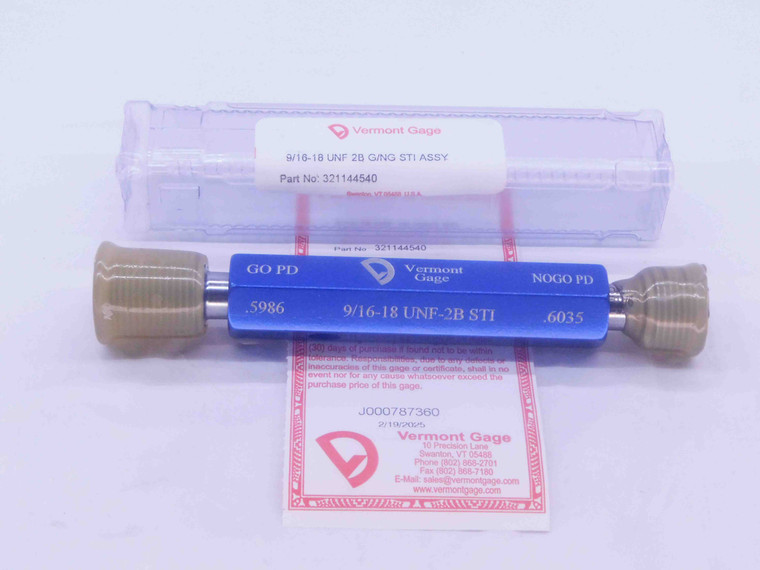 NEW 9/16 18 UNF 2B STI VERMONT THREAD PLUG GAGE .5625 GO NO GO PDS = .5986 .6035 - DW33927VTG