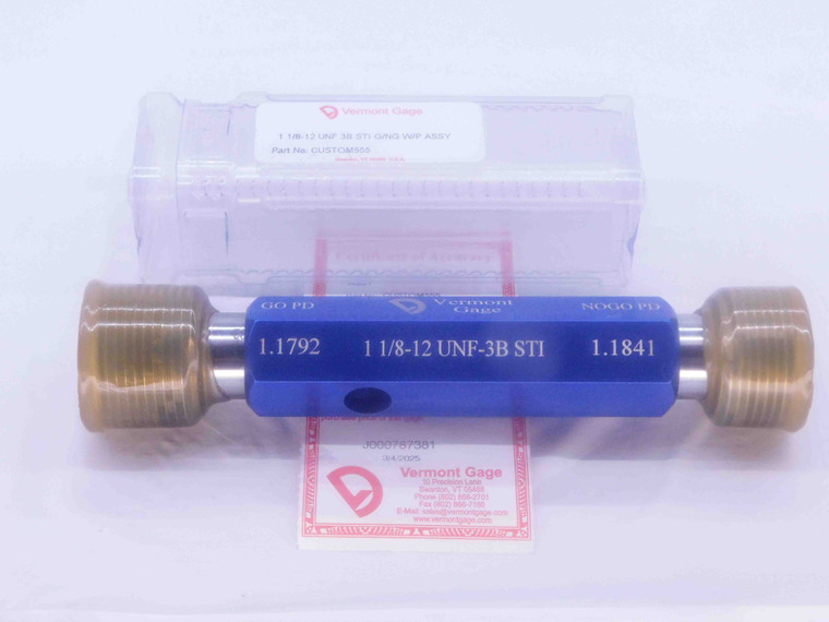 NEW 1 1/8 12 UNF 3B STI VERMONT THREAD PLUG GAGE 1.125 GO NO GO = 1.1792 1.1841 - DW33935VTG
