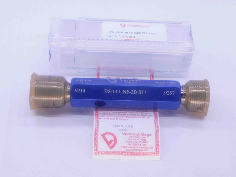 NEW 7/8 14 UNF 3B STI HELICOIL VERMONT THREAD PLUG GAGE .875 GO NO GO = .9214 .9257 - DW33948VTG