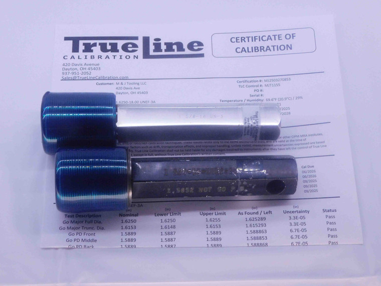 CERTIFIED 1 5/8 18 UNEF 3A SET THREAD PLUG GAGE 1.625 GO NO GO = 1.5889 1.5852 - DW33954TLC
