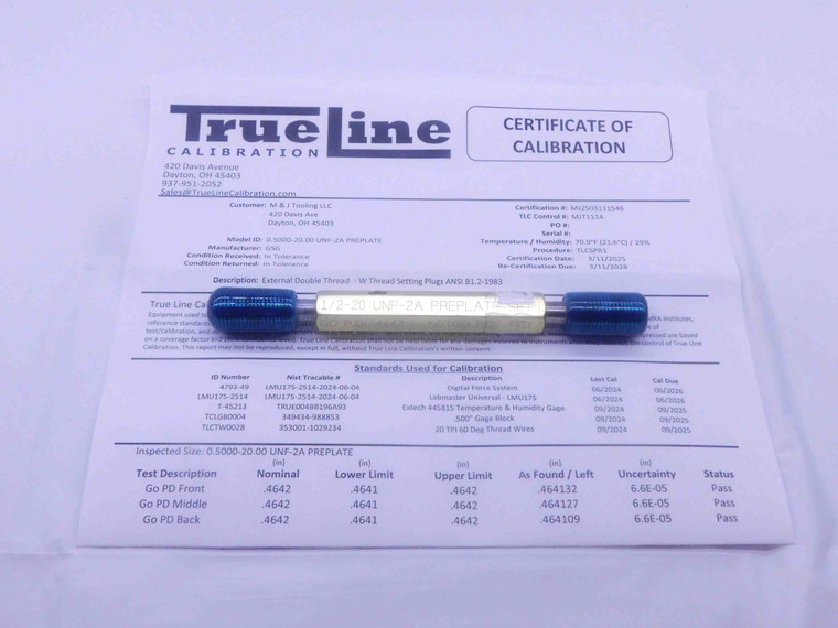 CERTIFIED 1/2 20 UNF 2A PREPLATE SET THREAD PLUG GAGE .5 GO NO GO = .4642 .4611 - DW33908TLC