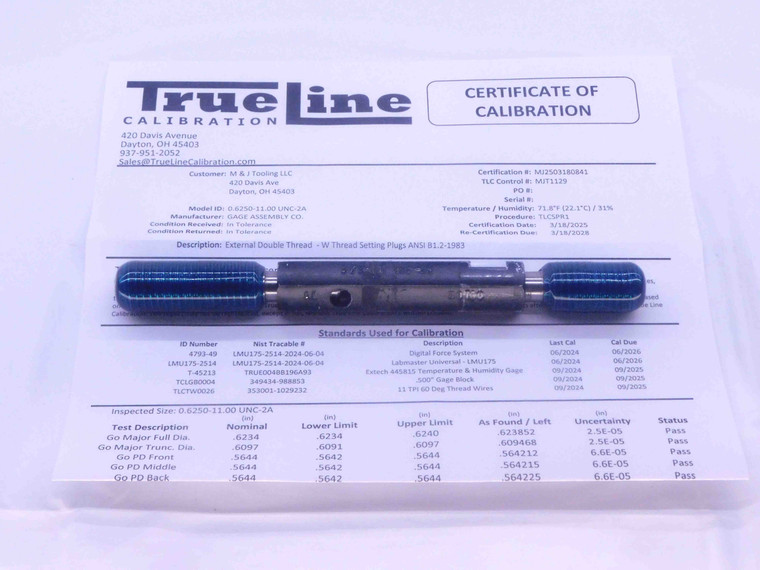 CERTIFIED 5/8 11 UNC 2A SET THREAD PLUG GAGE .625 GO NO GO PD'S = .5644 & .5589 - DW33911TLC