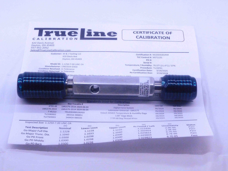 CERTIFIED 1 1/8 7 UNC 2A SET THREAD PLUG GAGE 1.125 GO NO GO = 1.0300 & 1.0228 - DW33912TLC