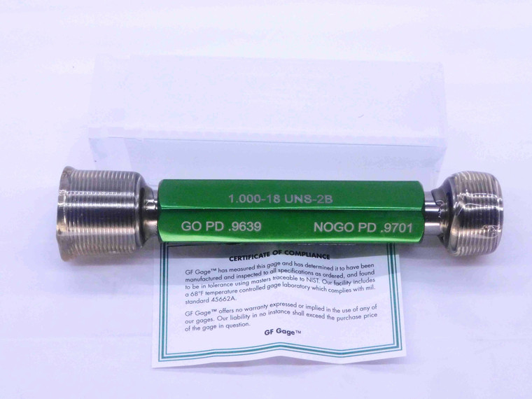 NEW 1" 18 UNS 2B THREAD PLUG GAGE 1.0 1.00 1.000 GO NO GO P.D.'S = .9639 & .9701 - DW34062GFG