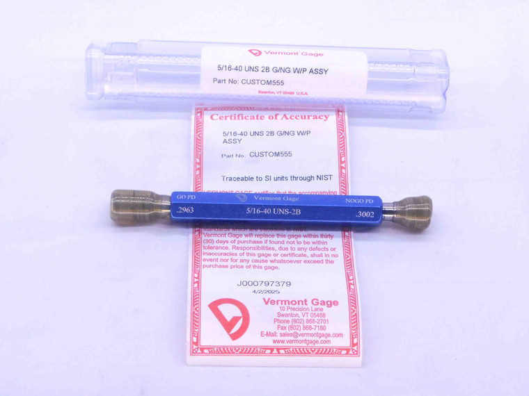 NEW 5/16 40 UNS 2B VERMONT THREAD PLUG GAGE .3125 GO NO GO PD'S = .2963 & .3002 - DW34201VTG