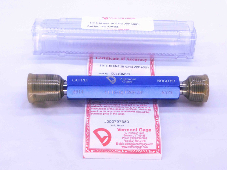 NEW 11/16 18 UNS 2B VERMONT THREAD PLUG GAGE .6875 GO NO GO PD'S = .6514 & .6573 - DW34203VTG