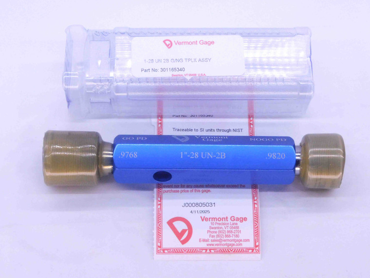 NEW 1" 28 UN 2B VERMONT THREAD PLUG GAGE 1.0 GO NO GO P.D.'S = .9768 & .9820 - DW34206VTG