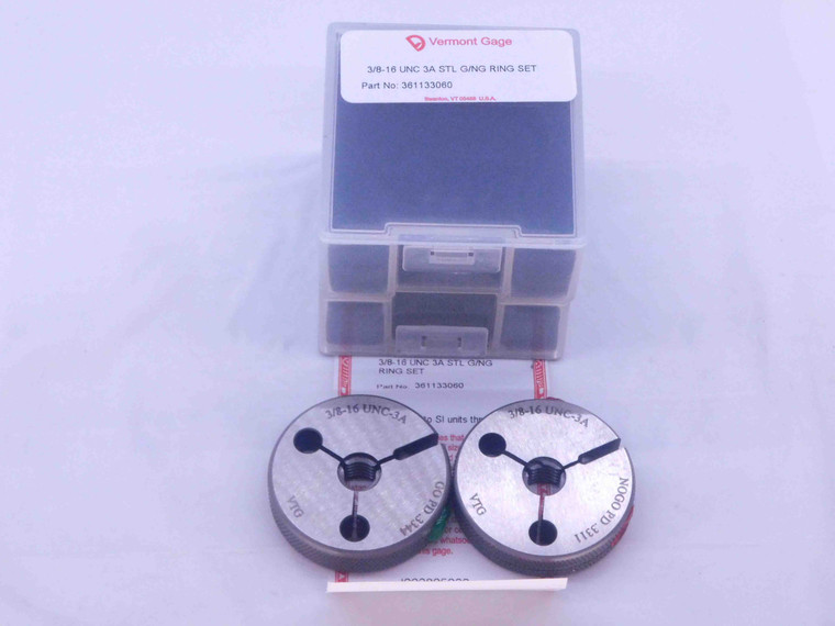 NEW 3/8 16 UNC 3A VERMONT THREAD RING GAGES .375 GO NO GO P.D.'S = .3344 & .3311 - DW34208VTG