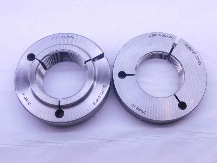 2 5/8 8 UN 2A THREAD RING GAGES 2.625 2.6250 GO NO GO P.D.'S = 2.5413 & 2.5331 - DW34199AD5