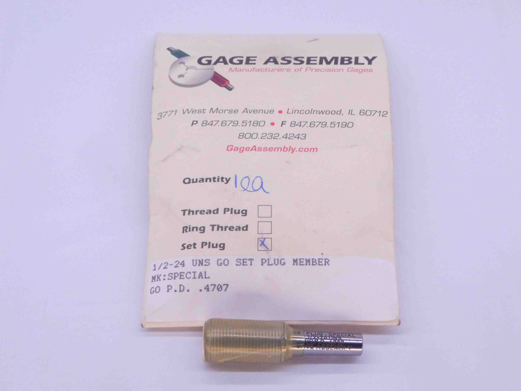 NEW 1/2 24 UNS SPECIAL SET THREAD PLUG GAGE .5 .50 .500 GO ONLY P.D. = .4707 - DW34262CT4