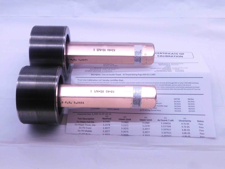 CERTIFIED 3 1/4 16 UN 2A SET THREAD PLUG GAGE 3.25 GO NO GO = 3.2077 & 3.2021 - DW34435TLC