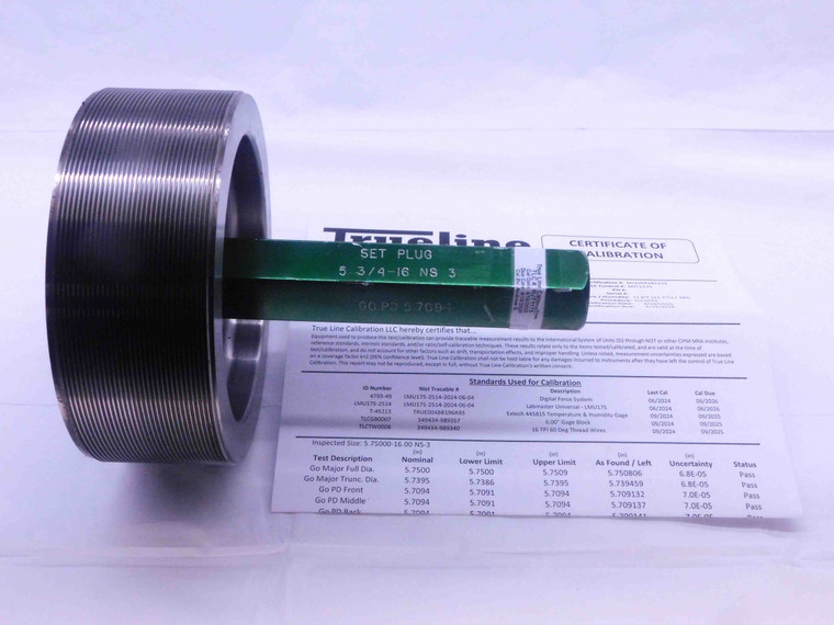 CERTIFIED 5 3/4 16 NS 3 SET THREAD PLUG GAGE 5.75 GO ONLY P.D. = 5.7094 UNS 3A - DW34436TLC