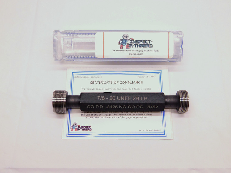 NEW 7/8 20 UNEF 2B LEFT HAND THREAD PLUG GAGE .875 GO NO GO PD'S = .8425 & .8482 - DW34446MSAF