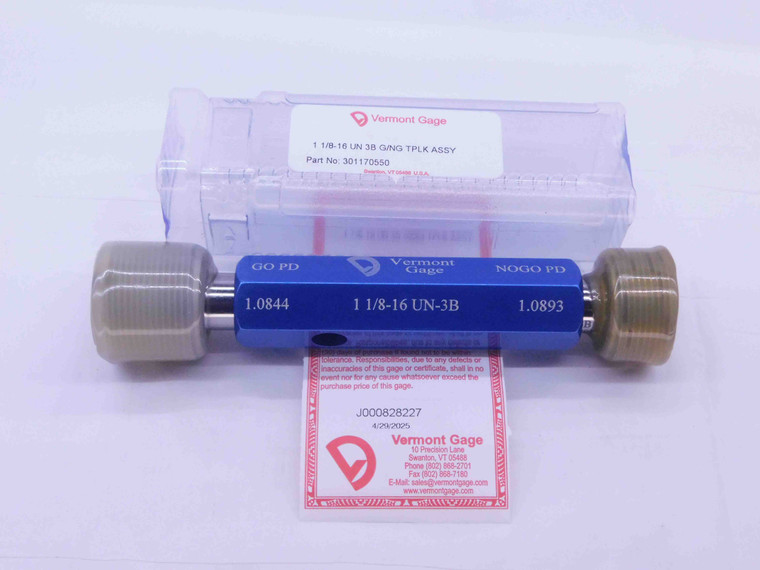 NEW 1 1/8 16 UN 3B VERMONT THREAD PLUG GAGE 1.125 GO NO GO PDS= 1.0844 & 1.0893 - DW34503VTG