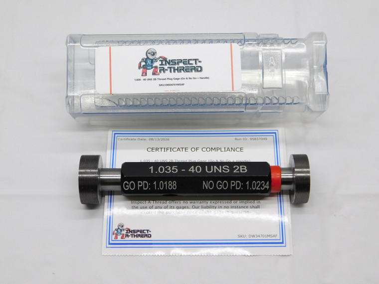 NEW 1.035 40 UNS 2B THREAD PLUG GAGE 1.0350 GO NO GO P.D.'S = 1.0188 & 1.0234 - DW34701MSAF