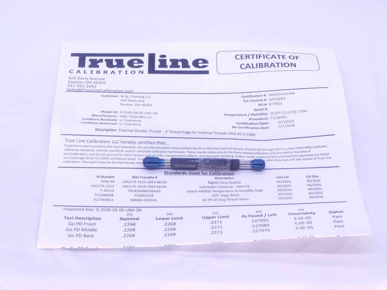 CERTIFIED 1/4 28 UNF 3B THREAD PLUG GAGE .25 GO NO GO P.D.'S = .2268 & .2300 - DW34738TLC