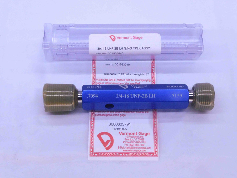 NEW 3/4 16 UNF 2B LEFT HAND VERMONT THREAD PLUG GAGE .75 GO NO GO = .7094 .7159 - DW34789VTG