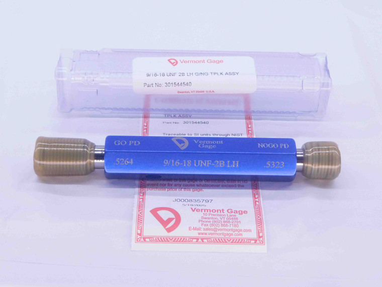 NEW 9/16 18 UNF 2B LEFT HAND VERMONT THREAD PLUG GAGE .5625 GO NO GO .5264 .5323 - DW34793VTG