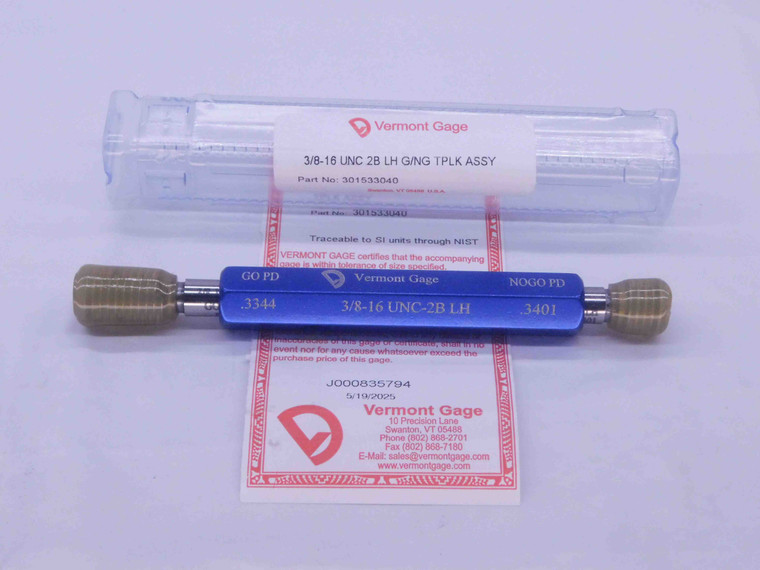 NEW 3/8 16 UNC 2B LEFT HAND VERMONT THREAD PLUG GAGE .375 GO NO GO = .3344 .3401 - DW34795VTG