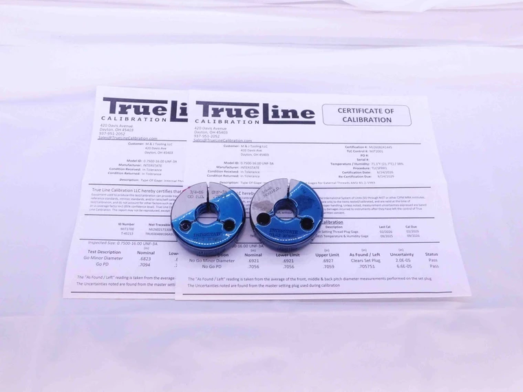 CERTIFIED 3/4 16 UNF 3A THREAD RING GAGES .75 GO NO GO P.D.'S = .7094 & .7056 - DW35040TLC