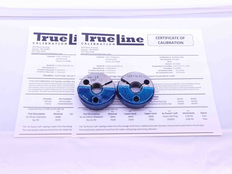 CERTIFIED 3/4 16 UNF 2A THREAD RING GAGES .75 GO NO GO P.D.'S = .7079 & .7029 - DW35064TLC