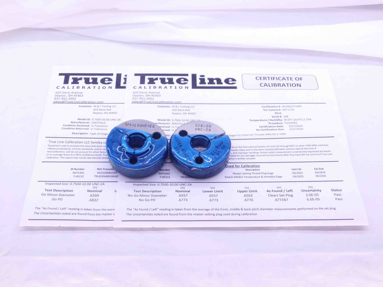 CERTIFIED 3/4 10 UNC 2A THREAD RING GAGES .75 GO NO GO P.D.'S = .6832 & .6773 - DW35066TLC