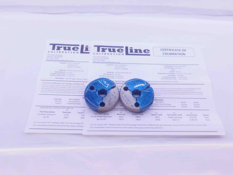 CERTIFIED 5/8 24 UNEF 2A THREAD RING GAGES .625 GO NO GO P.D.'S = .5967 & .5927 - DW35087TLC