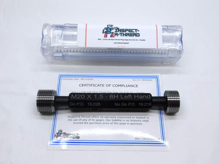 NEW M20 X 1.5 6H LEFT HAND THREAD PLUG GAGE 20 GO NO GO P.D.'S = 19.026 & 19.216 - DW35153MSAF